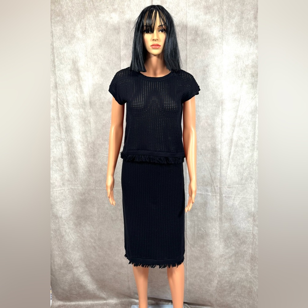 Black Cotton Pencil Midi Skirt with Top Set for Work